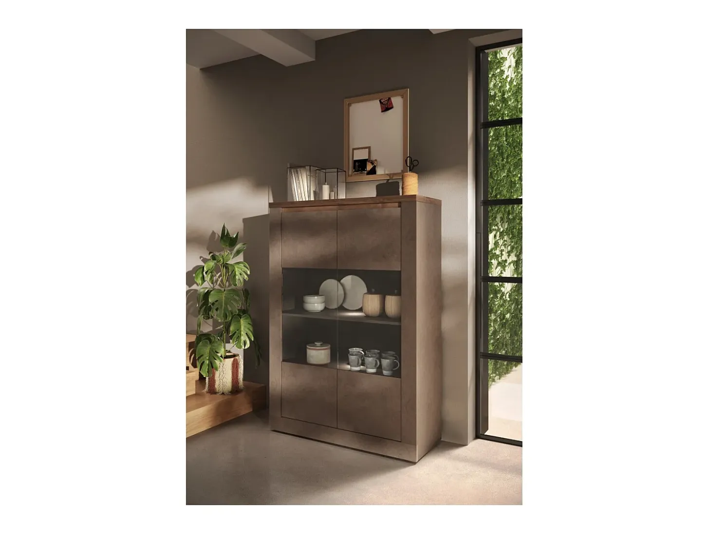 Vitrina SASHA – 2 portas com 3 prateleiras e LED – Bronze e tampo de madeira Mercúrio