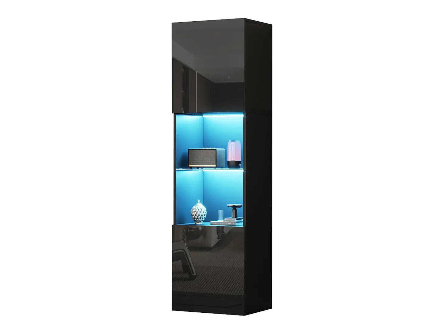 Vitrina 45x35x160 cm - com 2 portas - com iluminação LED - 1 prateleira de vidro - Preto