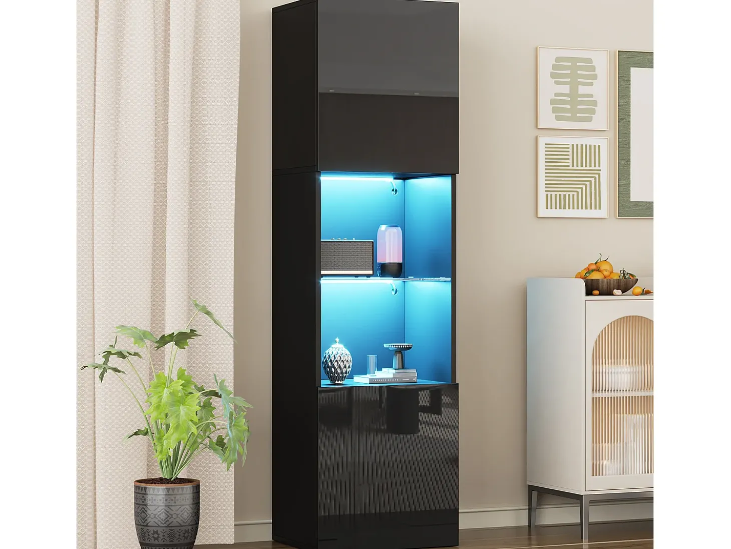 Vitrina 45x35x160 cm - com 2 portas - com iluminação LED - 1 prateleira de vidro - Preto
