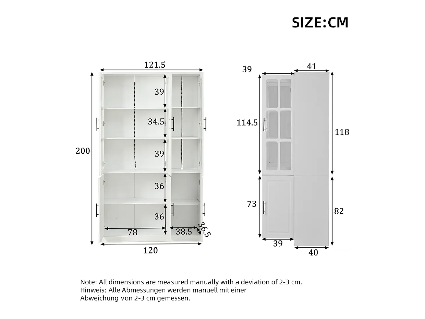 Vitrina 121,5x41x200 cm - con iluminação LED - 6 portas - prateleiras ajustáveis - MDF - branco