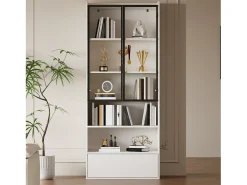 Vitrina 80x34x180 cm - con iluminação LED - 1 gaveta e 2 portas de vidro - prateleiras abertas - MDF - Branco