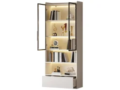 Vitrina 80x34x180 cm - con iluminação LED - 1 gaveta e 2 portas de vidro - prateleiras abertas - MDF - Branco
