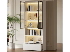 Vitrina 80x34x180 cm - con iluminação LED - 1 gaveta e 2 portas de vidro - prateleiras abertas - MDF - Branco