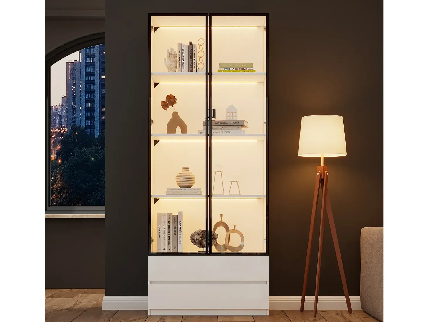 Vitrina 80x34x200 cm - con iluminação LED - con 2 portas e 2 gavetas - Acabamento brilhante - branco