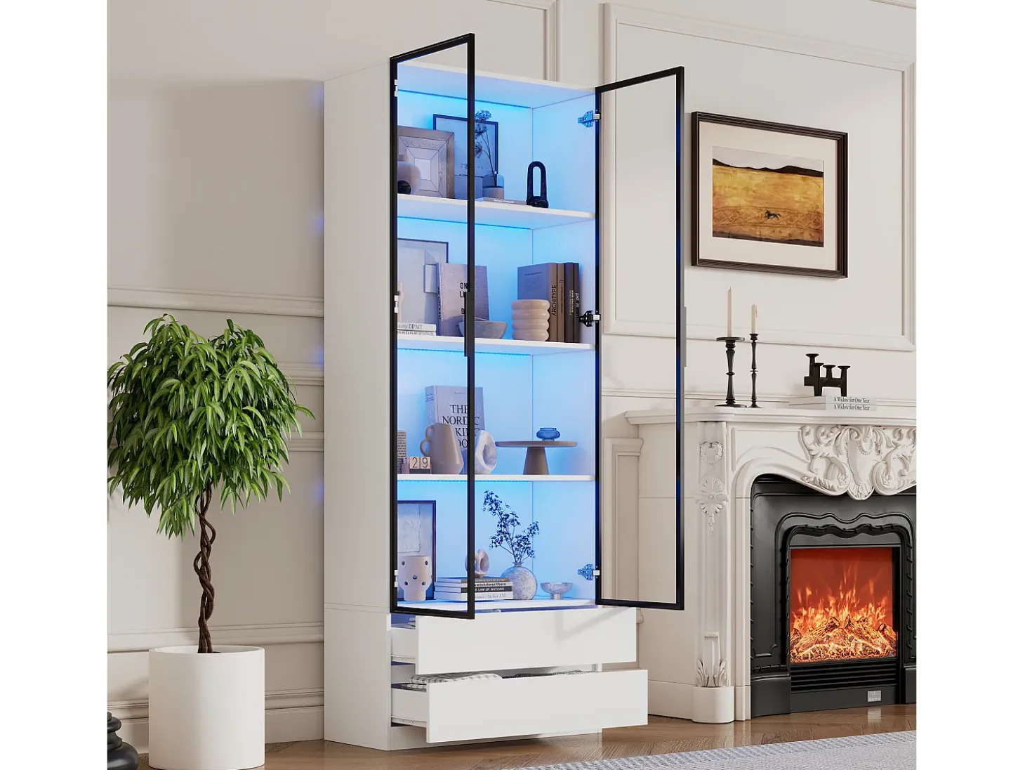 Vitrina 80x34x200 cm - con iluminação LED - con 2 portas e 2 gavetas - Acabamento brilhante - branco