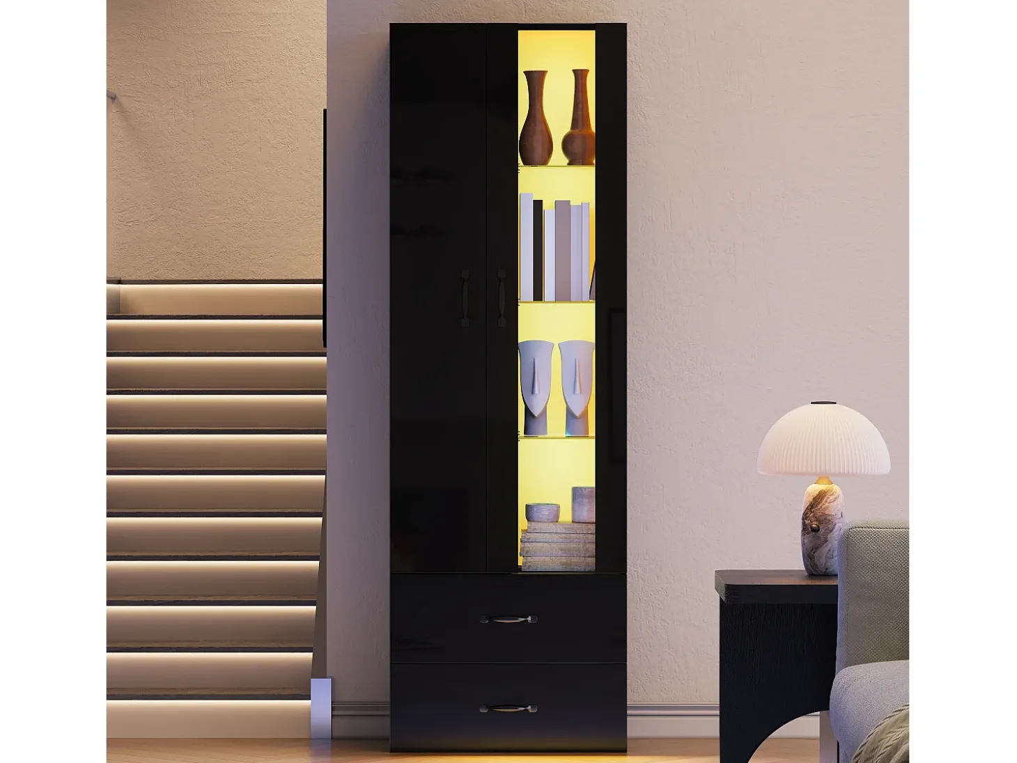 Vitrina 60x35x182 cm con iluminação LED - 2 portas e 2 gavetas - Portas de vidro - Painéis de partículas - Preto