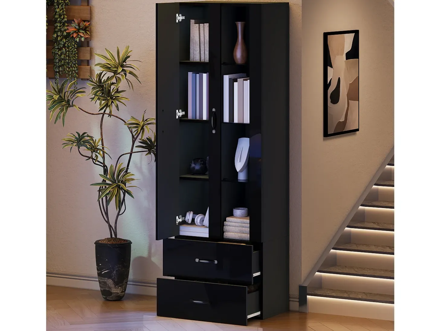 Vitrina 60x35x182 cm con iluminação LED - 2 portas e 2 gavetas - Portas de vidro - Painéis de partículas - Preto