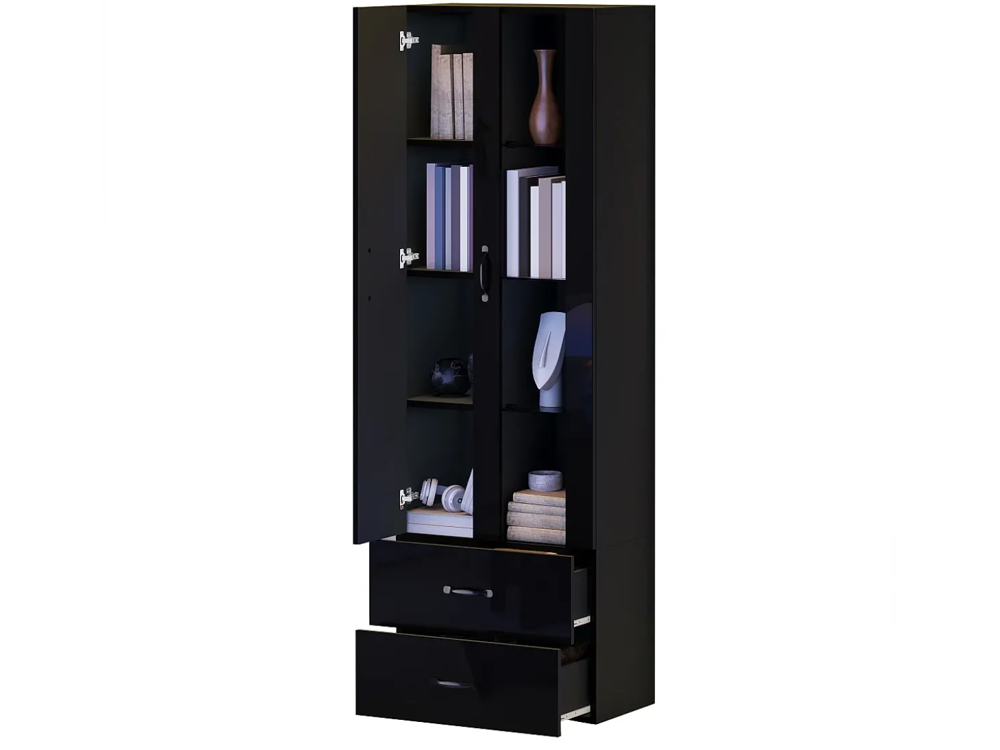 Vitrina 60x35x182 cm con iluminação LED - 2 portas e 2 gavetas - Portas de vidro - Painéis de partículas - Preto