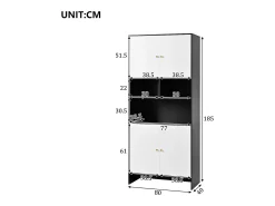 Vitrina 80x40x185cm - con iluminação LED - con 4 portas e 3 compartimentos de armazenamento abertos - Branco + Preto
