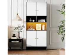 Vitrina 80x40x185cm - con iluminação LED - con 4 portas e 3 compartimentos de armazenamento abertos - Branco + Preto