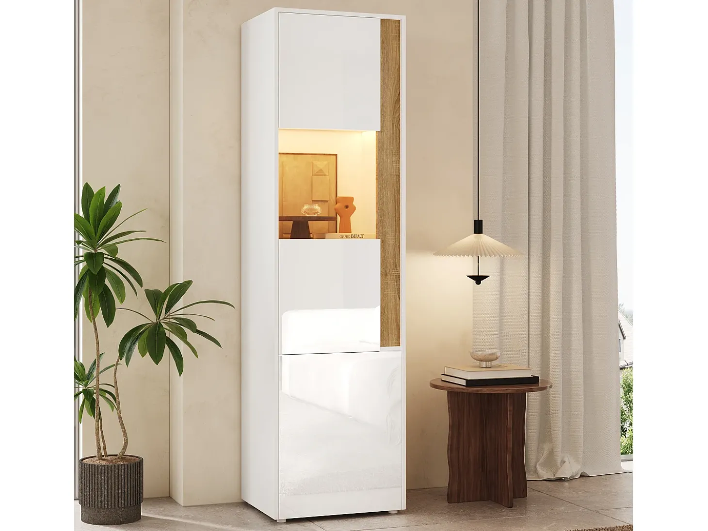 Vitrina 50x40x179cm - con iluminação LED - con 2 portas - Prateleiras ajustáveis - Branco + Natural