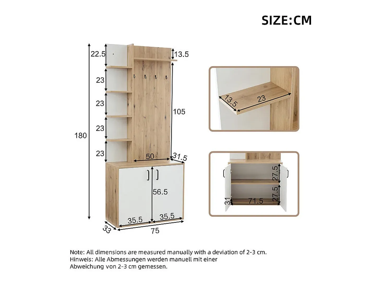 Vitrine - 5 prateleiras e 2 portas - com cabides - carga máx 80kg - painel de partículas - 75x33x180cm