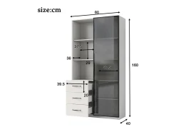 Vitrine 80×40×160 cm - com 1 porta de vidro temperado e 3 gavetas - com iluminação LED - 3 prateleiras abertas - branco