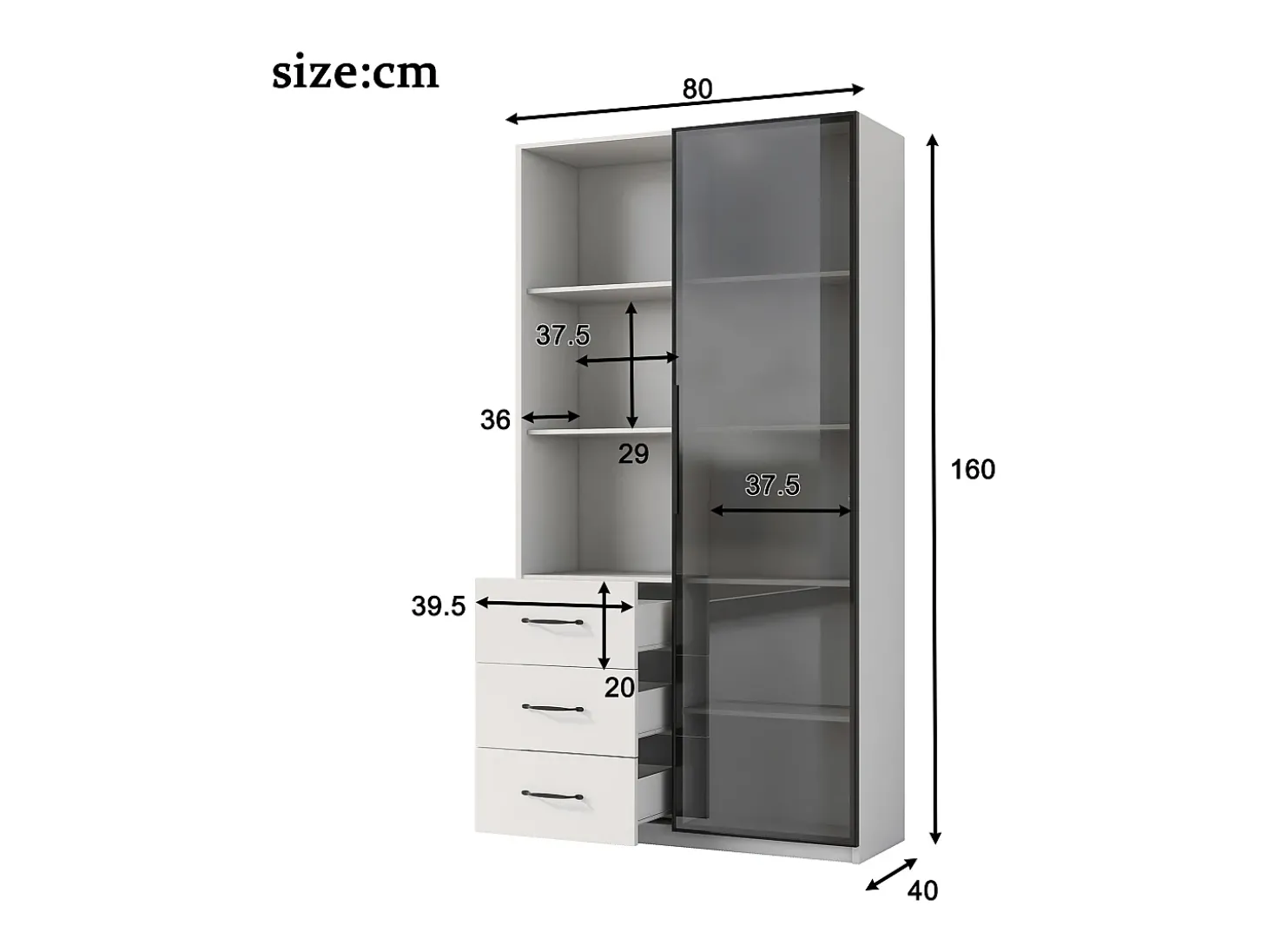 Vitrine 80×40×160 cm - com 1 porta de vidro temperado e 3 gavetas - com iluminação LED - 3 prateleiras abertas - branco