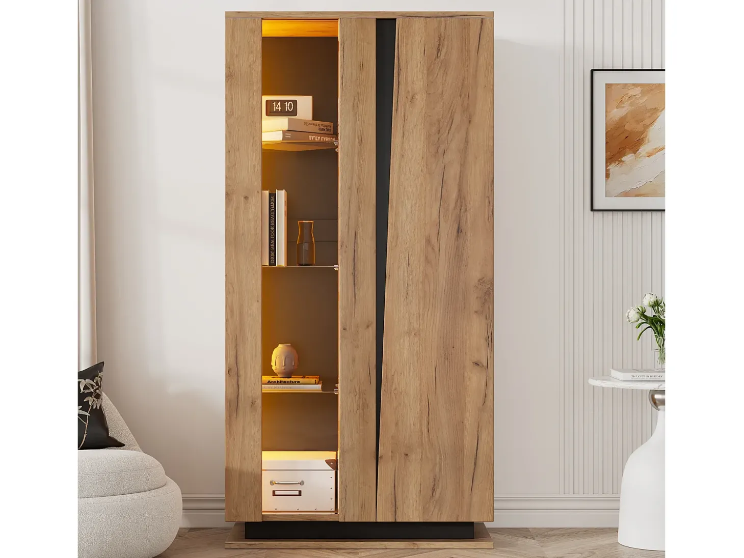 Vitrine 80×35×160 cm - com 2 portas - iluminação LED - portas de acrílico - painel de partículas - natural