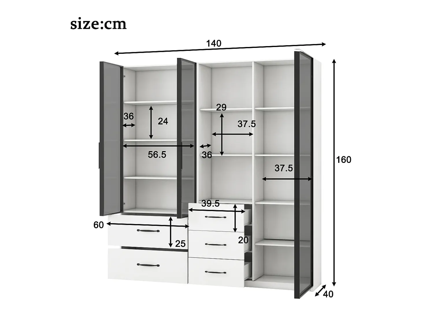 Vitrine 140×40×160 cm - com iluminação LED - 3 portas de vidro - 5 gavetas - branco