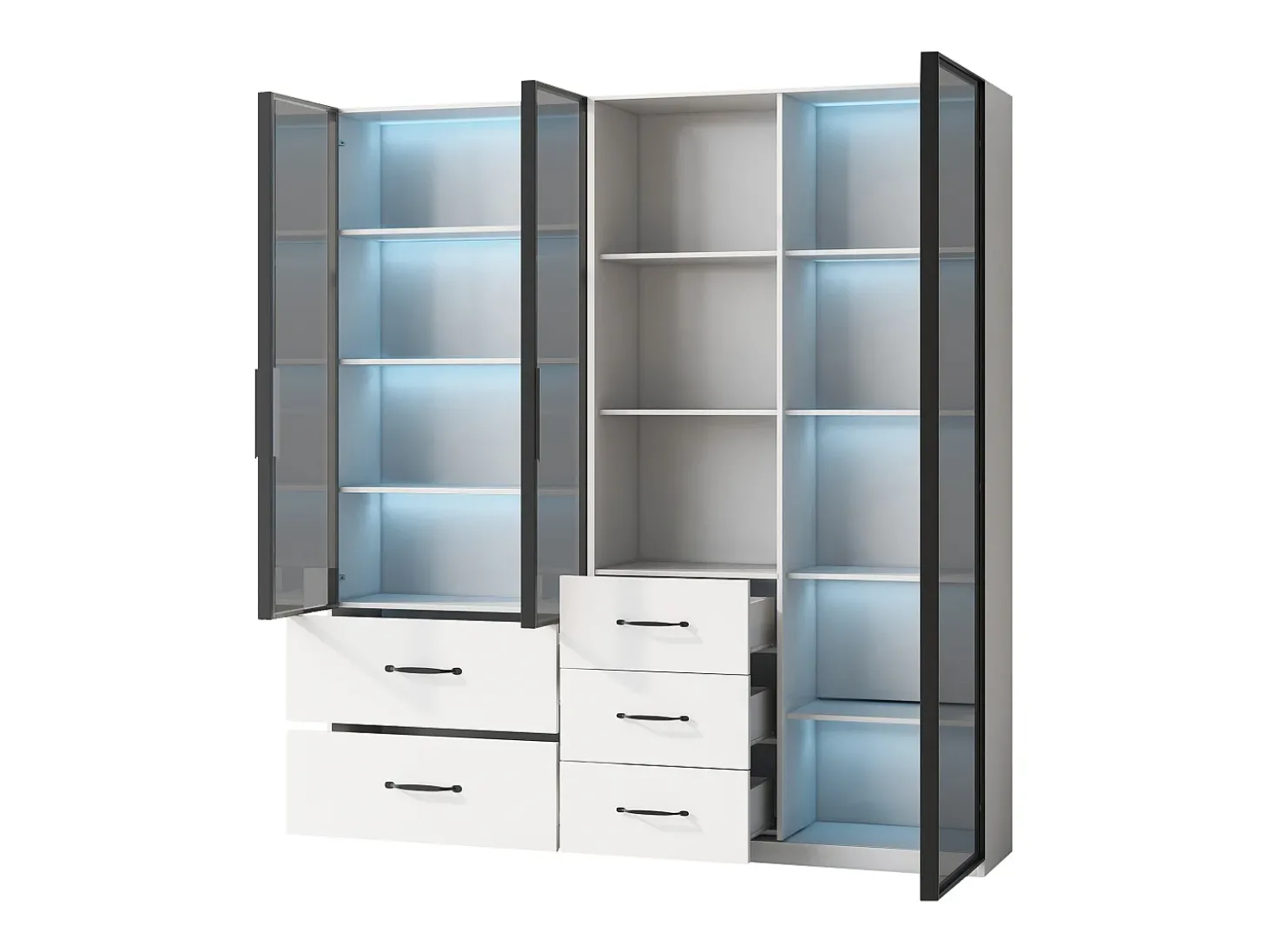 Vitrine 140×40×160 cm - com iluminação LED - 3 portas de vidro - 5 gavetas - branco