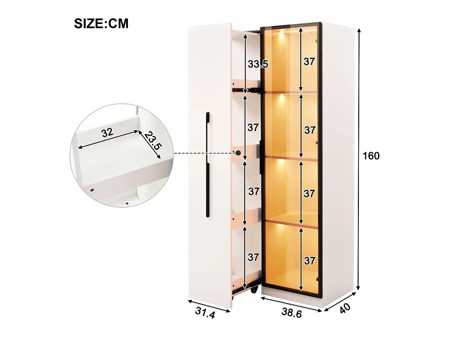 Vitrine 70×40×160 cm - com porta de vidro temperado - 1 porta e 1 gaveta lateral - com iluminação LED - branco