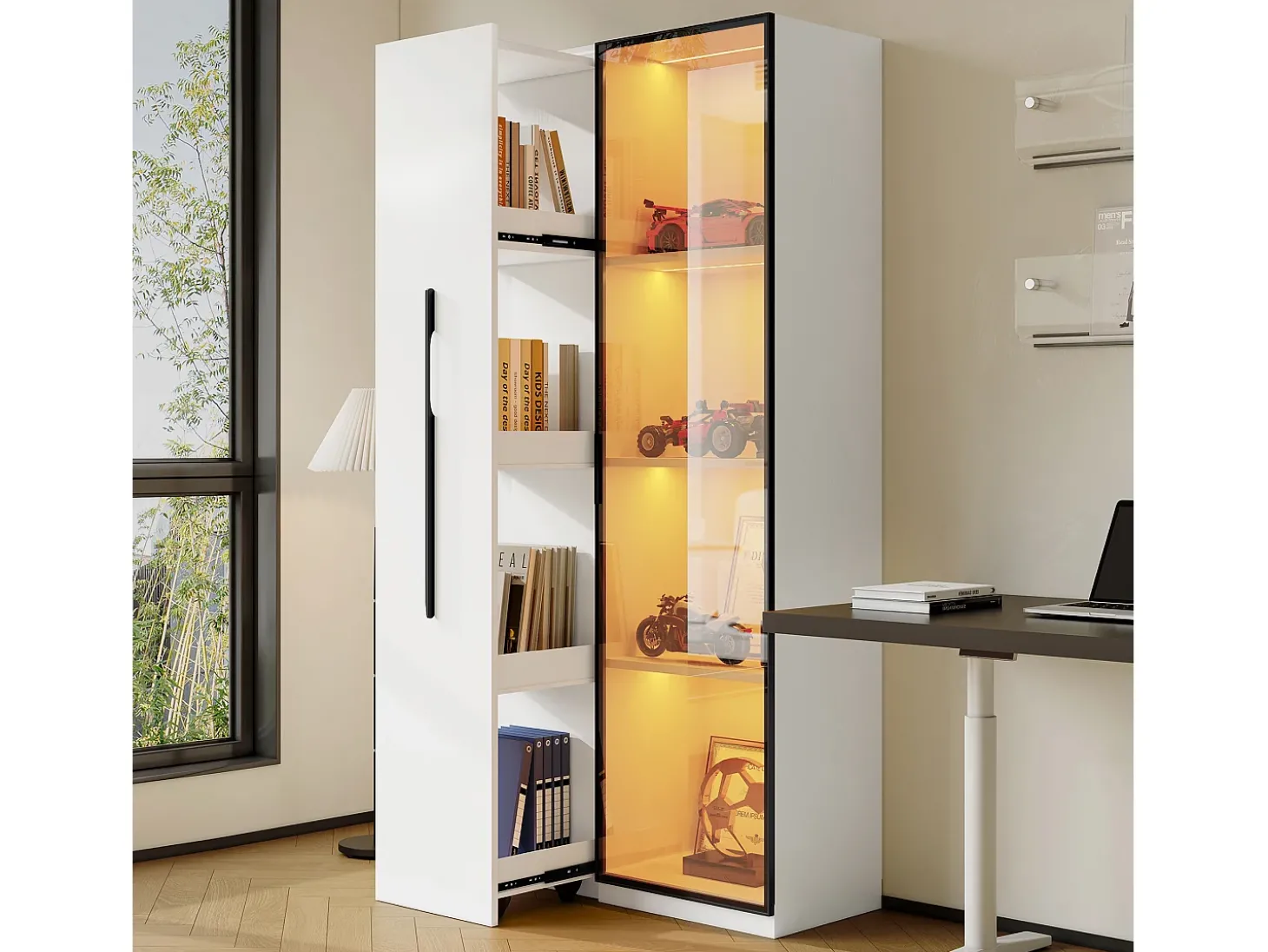 Vitrine 70×40×160 cm - com porta de vidro temperado - 1 porta e 1 gaveta lateral - com iluminação LED - branco