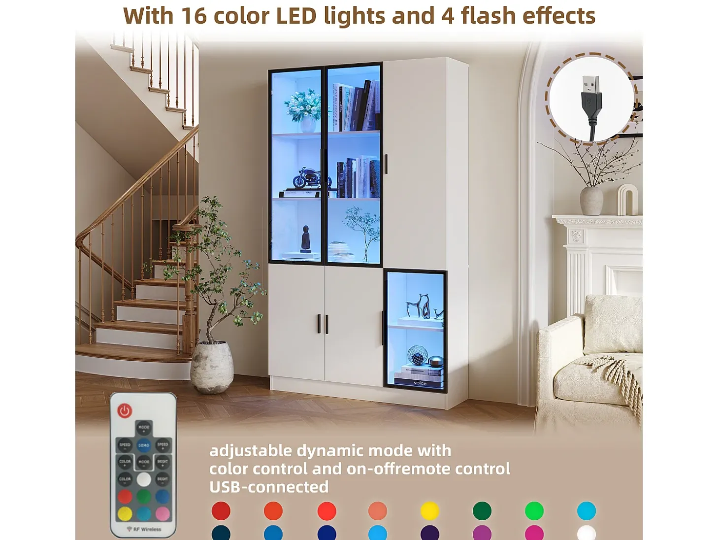 Vitrine 120×35×200 cm - portas envidraçadas - 6 portas - com iluminação LED - painel de partículas + vidro temperado - branco