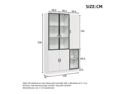 Vitrine 120×35×200 cm - portas envidraçadas - 6 portas - com iluminação LED - painel de partículas + vidro temperado - branco