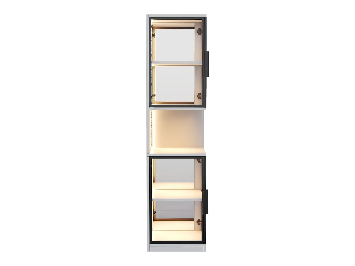 Vitrine 205 cm de altura - Iluminação LED - 4 portas de vidro - Fundo espelho - Armazenamento aberto - Painéis de partículas - Branc