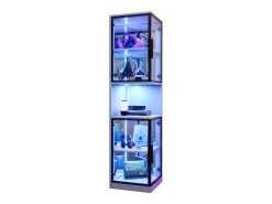 Vitrine 205 cm de altura - Iluminação LED - 4 portas de vidro - Fundo espelho - Armazenamento aberto - Painéis de partículas - Branc