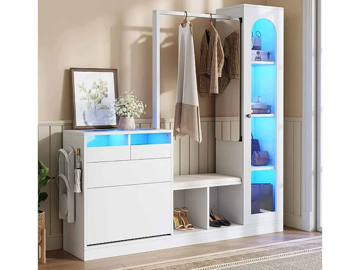 Vitrine 1 porta de vidro 6 em 1 - com LED, Espelho, móvel de sapatos de abater, penteadeira, 2 gavetas - 163x35x161cm