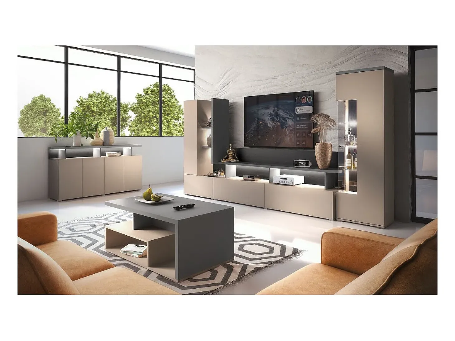 Vitrine 1 porta NESS – Acabamento Congo & Antracite – LED branco neutro – 10 nichos design
