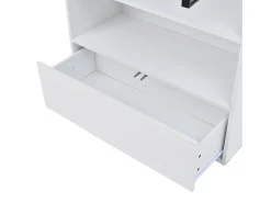 Vitrine alta branca de 80x34x180 cm com gaveta, portas de vidro e iluminação LED.
