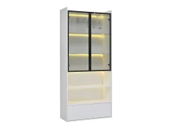 Vitrine alta branca de 80x34x180 cm com gaveta, portas de vidro e iluminação LED.