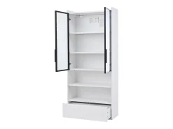 Vitrine alta branca de 80x34x180 cm com gaveta, portas de vidro e iluminação LED.