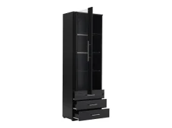 Vitrine alta com 3 gavetas e 1 porta em acrílico, estrutura em MDF lacado preto, LED incluído - 60x35x180cm