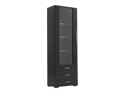 Vitrine alta com 3 gavetas e 1 porta em acrílico, estrutura em MDF lacado preto, LED incluído - 60x35x180cm
