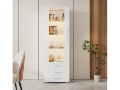 Vitrine alta com 3 gavetas e 1 porta, estrutura em MDF lacado branco, LED incluído - 60x35x180cm