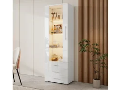 Vitrine alta com 3 gavetas e 1 porta, estrutura em MDF lacado branco, LED incluído - 60x35x180cm