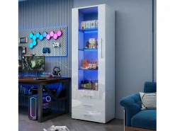 Vitrine alta com 3 gavetas e 1 porta, estrutura em MDF lacado branco, LED incluído - 60x35x180cm