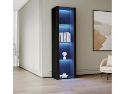 Vitrine alta com 3 prateleiras de vidro, corpo em MDF lacado preto, LED incluído - 55x38x166cm
