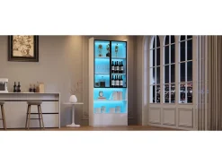 Vitrine alta de vidro - 80 x 34 x 180 cm - com 1 gaveta + portas de vidro + LEDs + prateleira aberta - MDF + vidro - branca