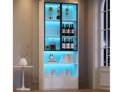 Vitrine alta de vidro - 80 x 34 x 180 cm - com 1 gaveta + portas de vidro + LEDs + prateleira aberta - MDF + vidro - branca