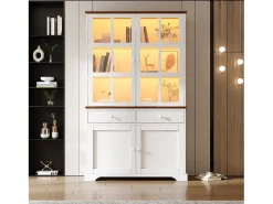 Vitrine alta de vidro - 120 x 36,5 x 200 cm - com 2 gavetas + 4 portas + LEDs - móvel para sala de estar - MDF - branca