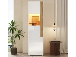 Vitrine alta moderna - 50 x 40 x 179 cm - com LEDs + 4 portas - para sala de estar/escritório - Acrílico + aglomerado - Branco e natural