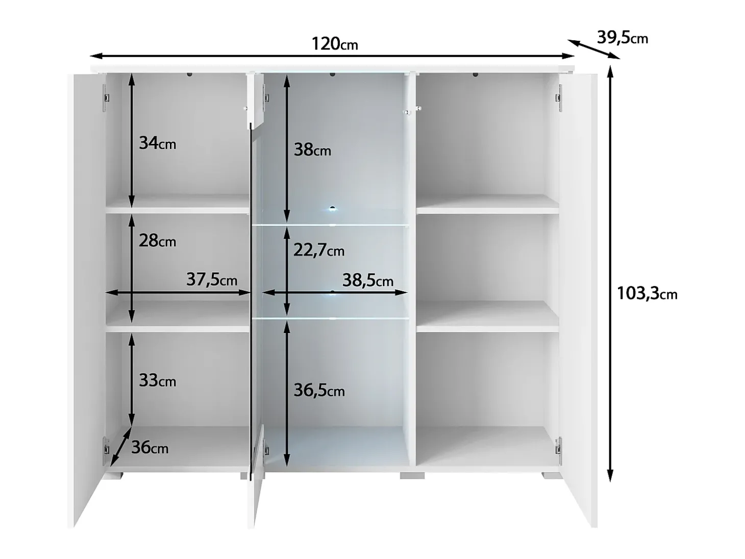 Vitrine alta moderna 120 cm para sala 3 portas corpo matera mate e frentes branco brilho
