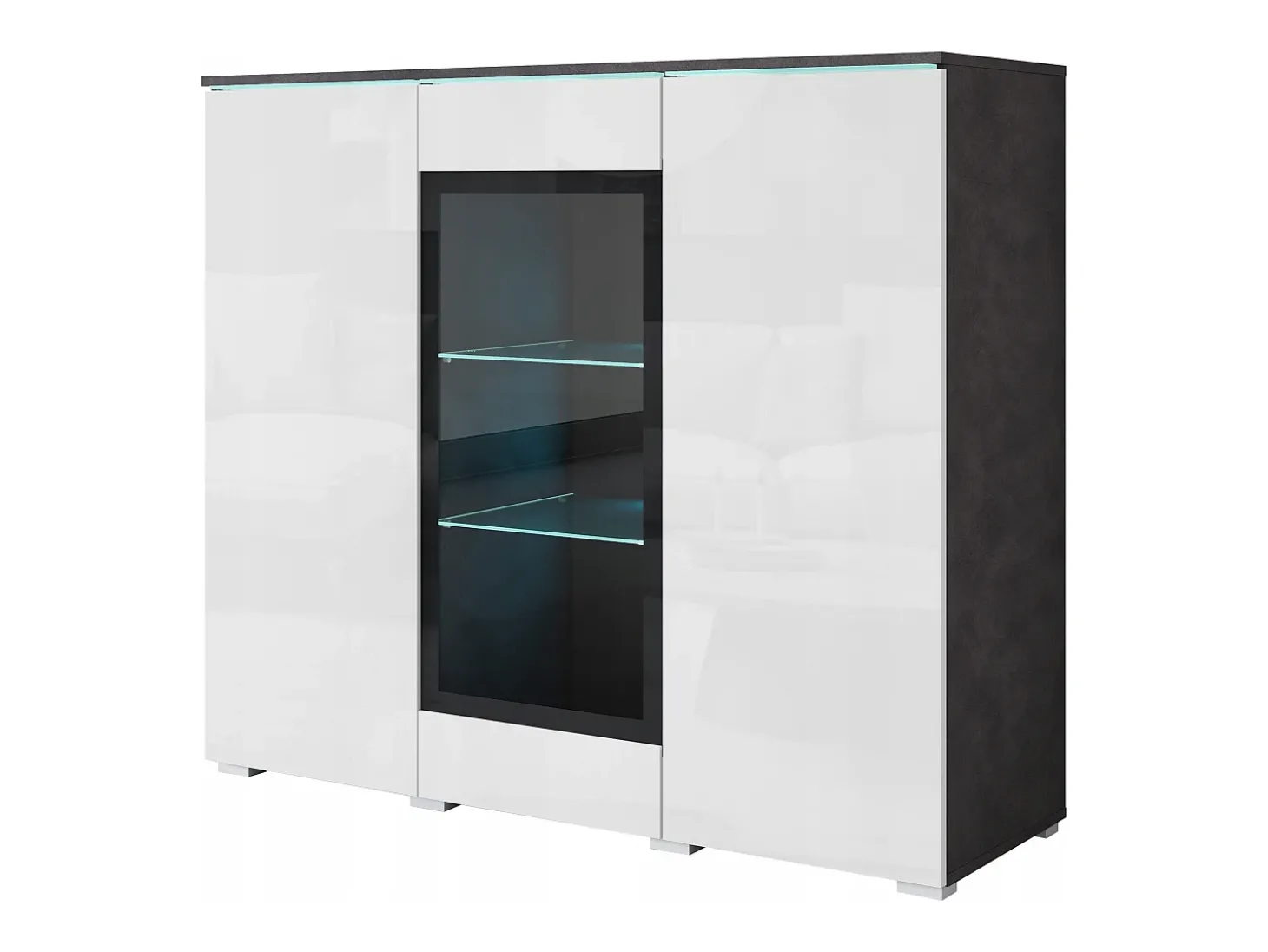 Vitrine alta moderna 120 cm para sala 3 portas corpo matera mate e frentes branco brilho