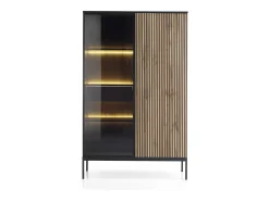 Vitrine alta moderna com frente canelada, 104×166×39 cm, Preto / Carvalho Wotan