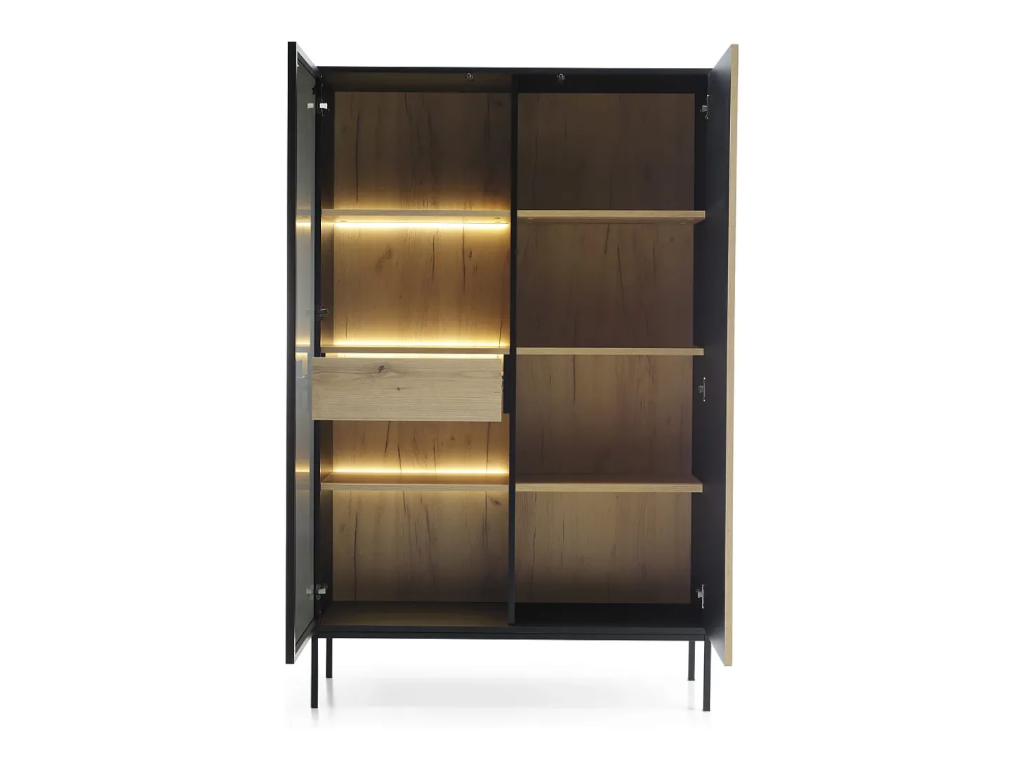 Vitrine alta moderna com frente canelada, 104×166×39 cm, Preto / Carvalho Wotan