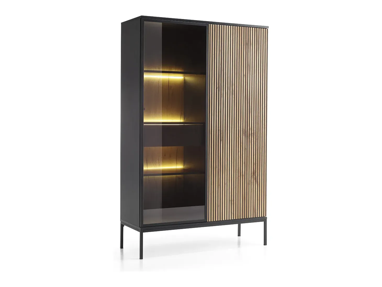 Vitrine alta moderna com frente canelada, 104×166×39 cm, Preto / Carvalho Wotan