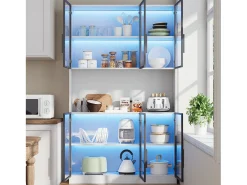 Vitrine alta moderna em vidro - 120 x 34 x 200 cm - com LEDs + 6 portas + prateleira - aglomerado - branca