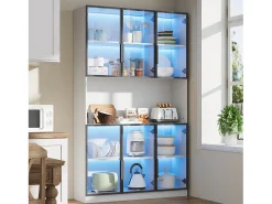 Vitrine alta moderna em vidro - 120 x 34 x 200 cm - com LEDs + 6 portas + prateleira - aglomerado - branca