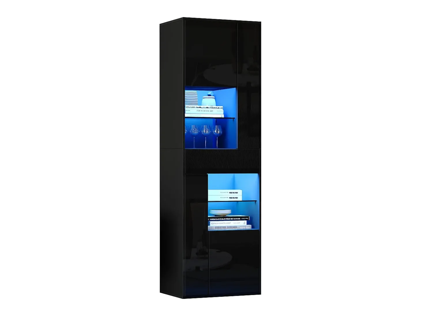 Vitrine alto brilho 55x38x170 cm - 1 gaveta e 4 portas - com iluminação LED - Preto